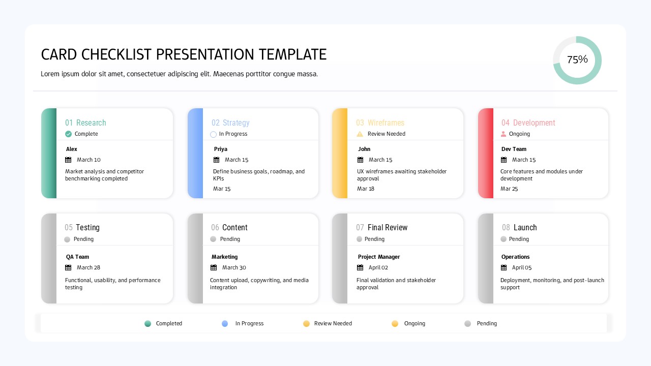 Project status dashboard PowerPoint template with task cards, progress tracker, and team assignments in light theme