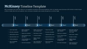 McKinsey timeline template dark blue design with 6-phase project roadmap for PowerPoint and Google Slides