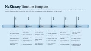 Light blue McKinsey project timeline PowerPoint template with 6 phases and milestone markers for business presentations