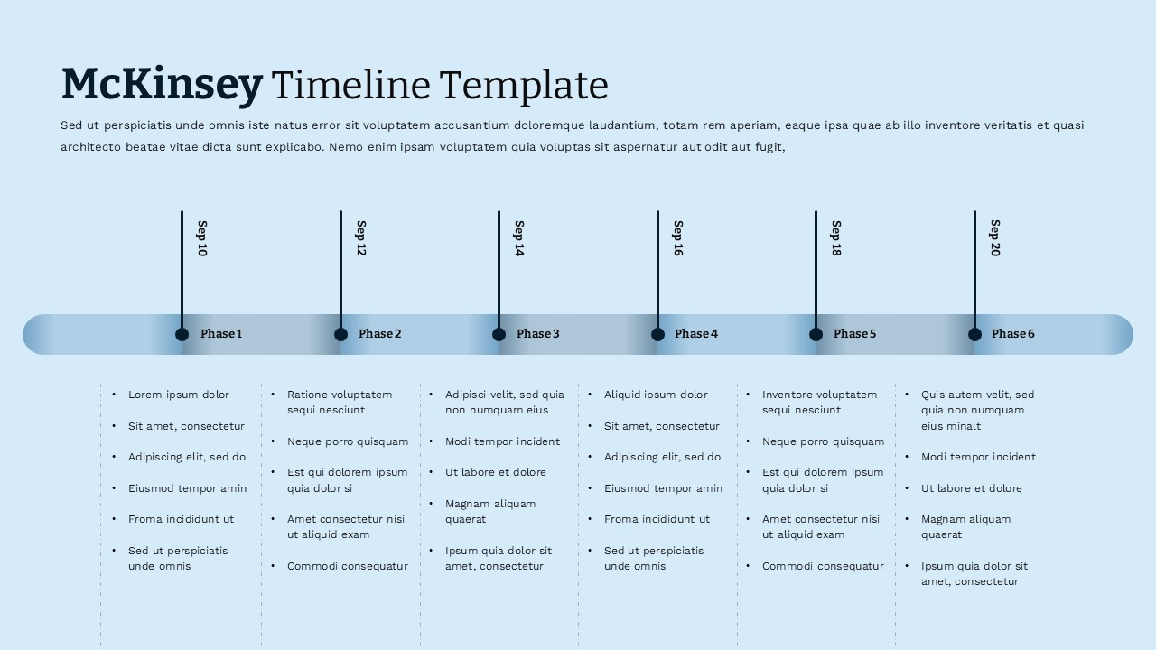 Light blue McKinsey project timeline PowerPoint template with 6 phases and milestone markers for business presentations