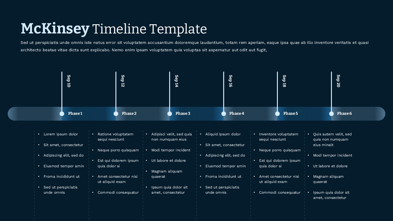 McKinsey timeline template dark blue design with 6-phase project roadmap for PowerPoint and Google Slides