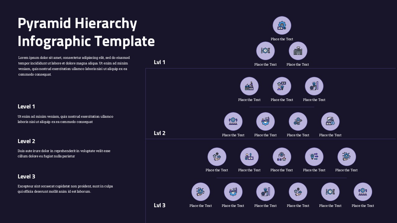 Dark theme pyramid hierarchy infographic template with multi-level structure for professional business presentations