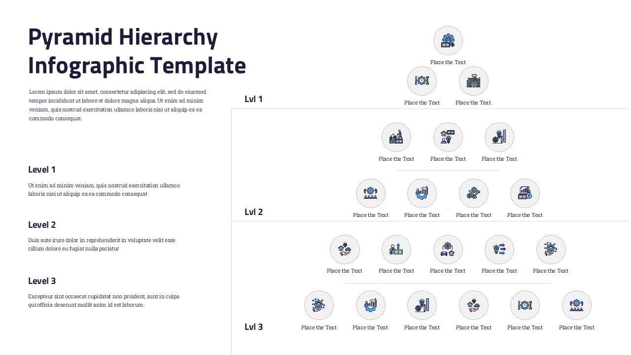 Light pyramid hierarchy infographic template with 3 levels showing organizational structure for business presentations