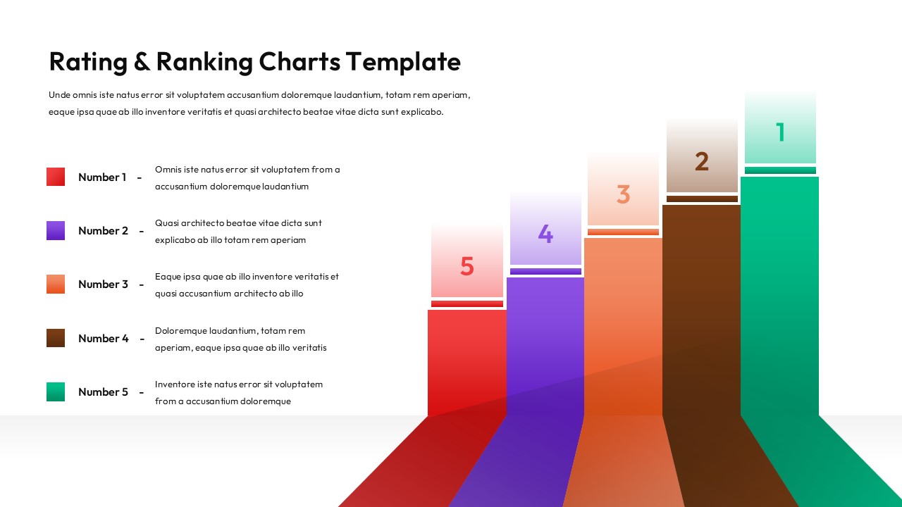 Light theme rating and ranking chart PowerPoint template with 5-level funnel visualization for business presentations
