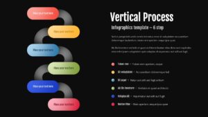 Dark-themed vertical process infographic with S-curved flow, 6 colorful steps, and white text on black background