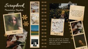 Dark theme scrapbook presentation template with photo gallery layout and vintage design elements