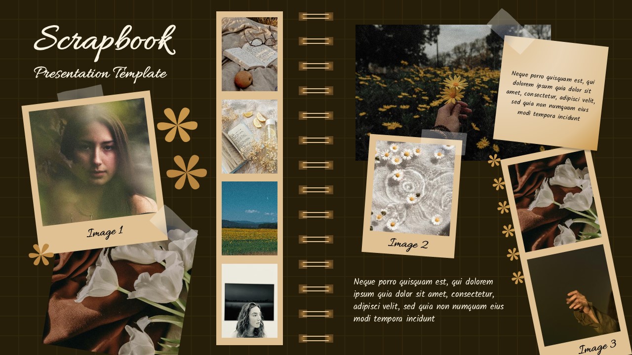 Dark theme scrapbook presentation template with photo gallery layout and vintage design elements
