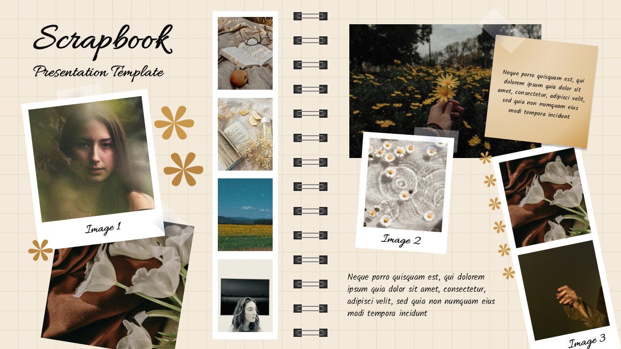 Vintage scrapbook PowerPoint template with photo placeholders, spiral binding, and cream background design