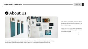 About us slide with creative workspace image and sidebar text