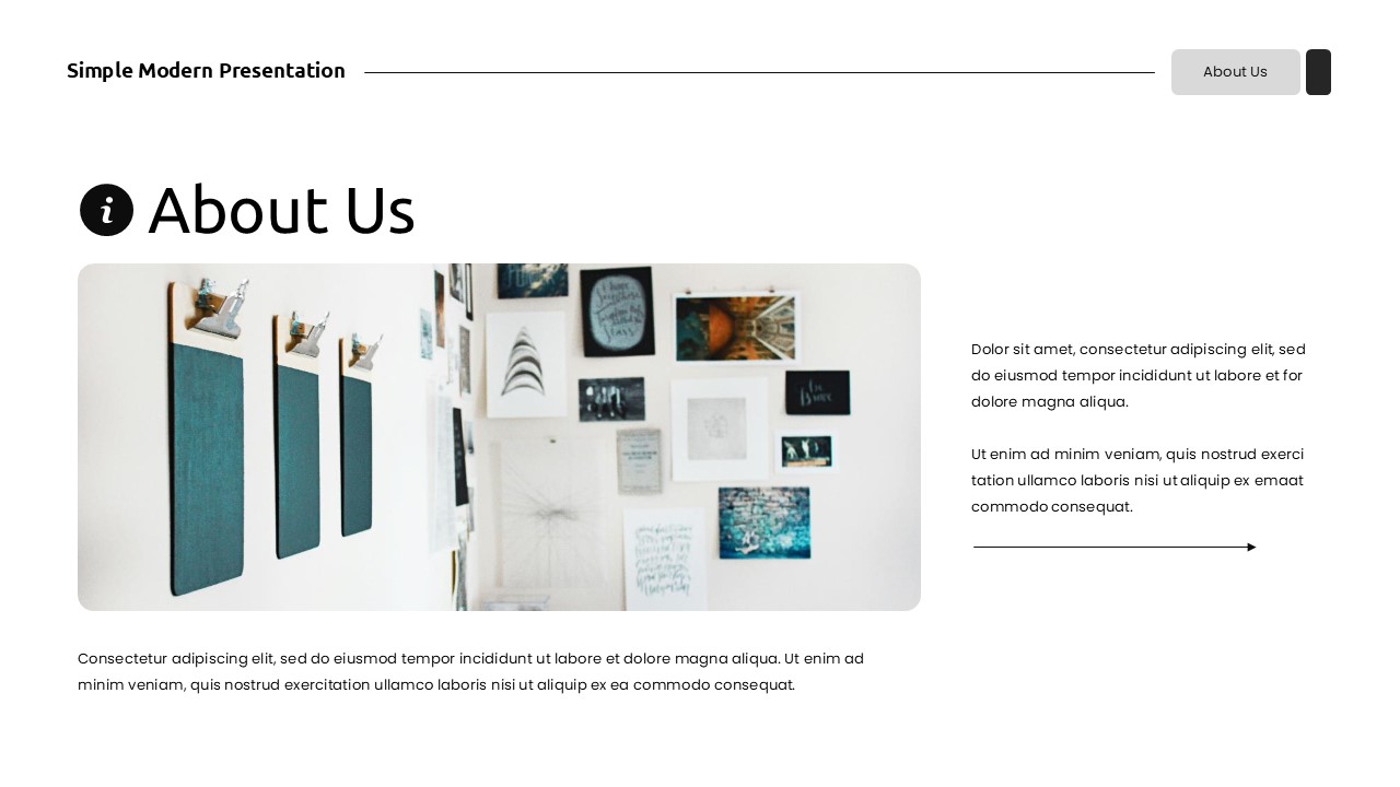 About us slide with creative workspace image and sidebar text