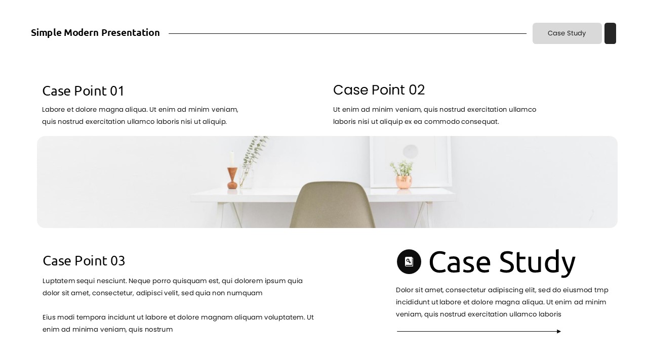 Case study slide with three text blocks and central banner image