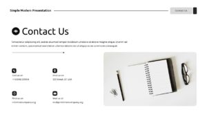Contact slide with contact details, icons, and notebook image