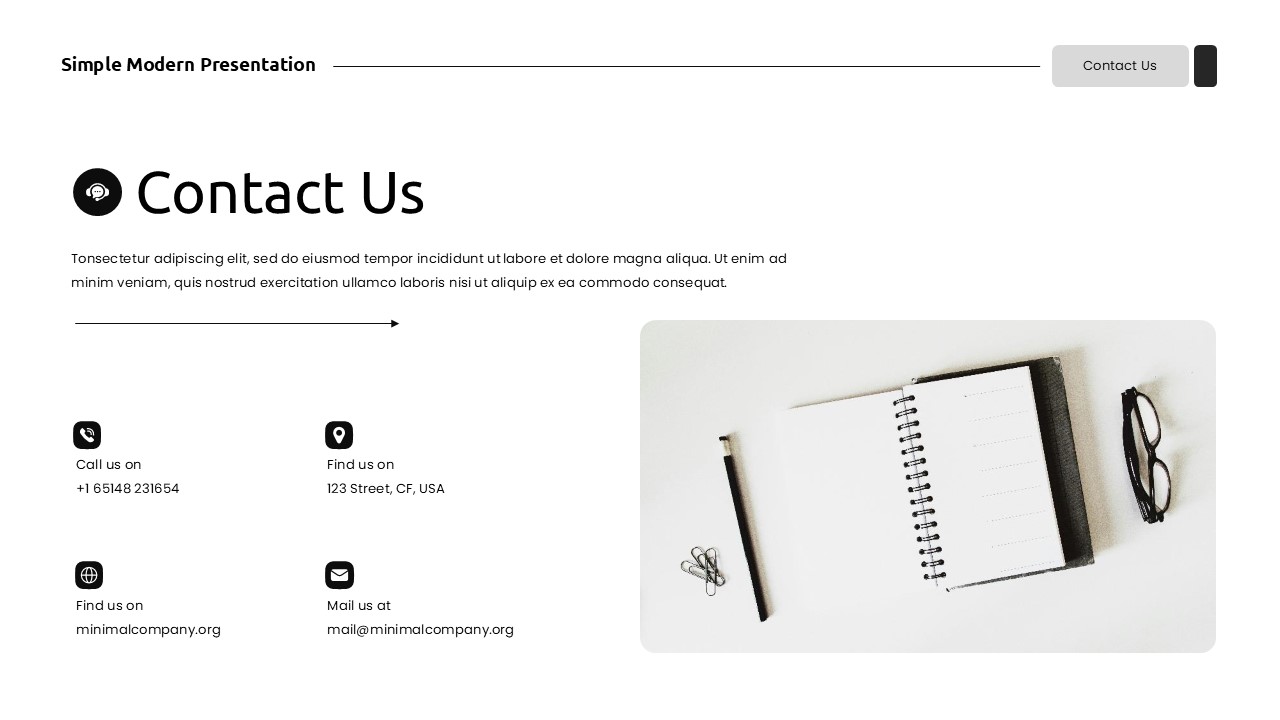 Contact slide with contact details, icons, and notebook image