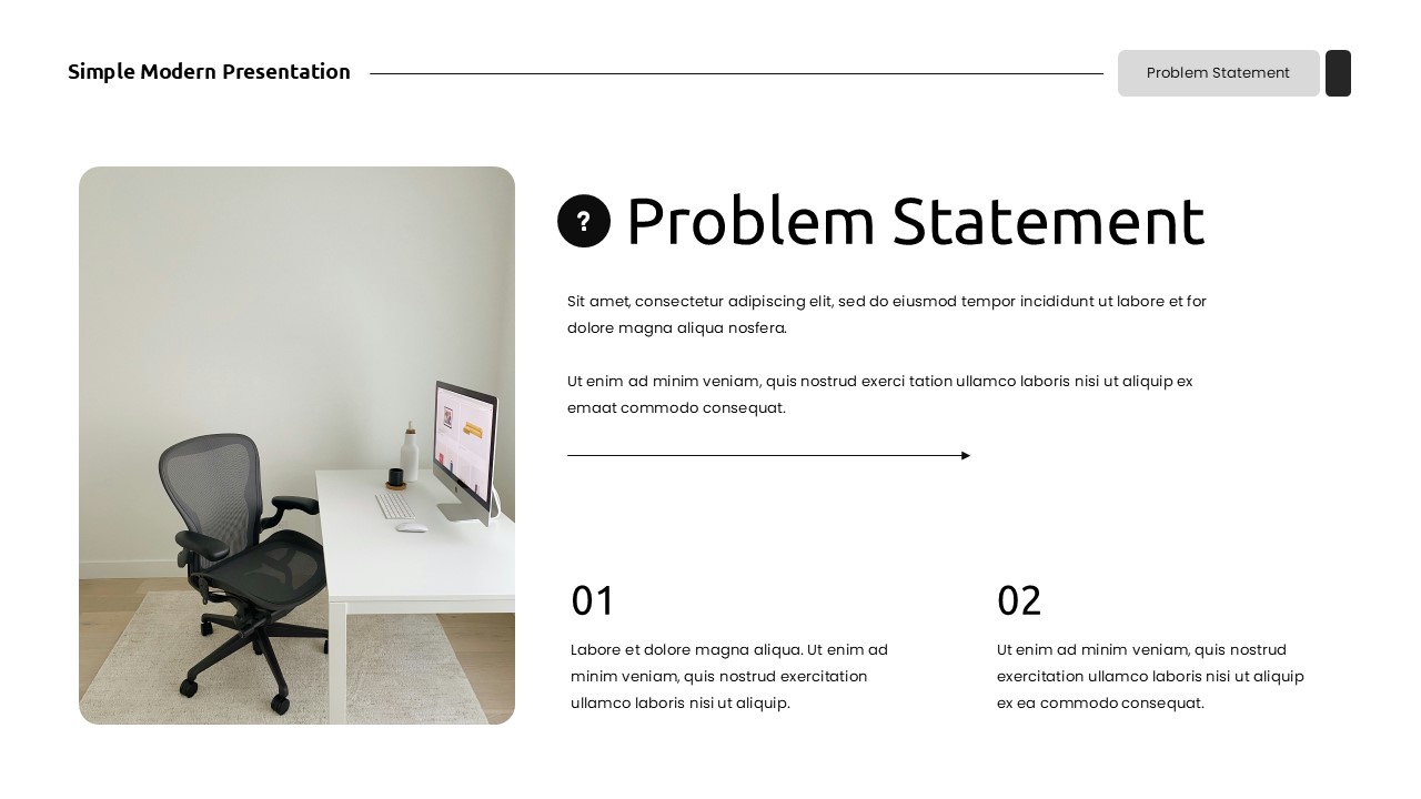 Problem statement slide with office desk image and numbered points