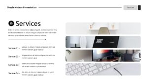Services slide with numbered service list and workspace image collage