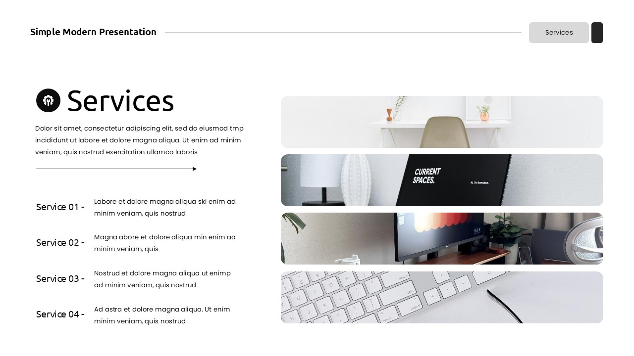 Services slide with numbered service list and workspace image collage