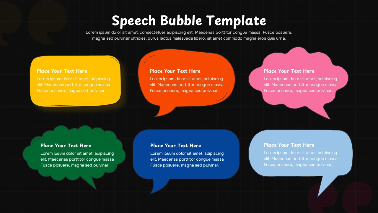 Dark theme speech bubble template with 6 glowing conversation boxes for professional presentations and dialogue content