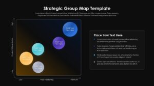 Dark theme strategic group map template for PowerPoint with competitive positioning matrix and business analysis layout