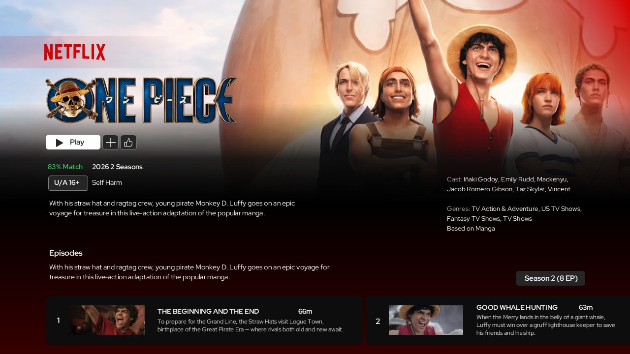 Content detail page showing One Piece anime with play button and description