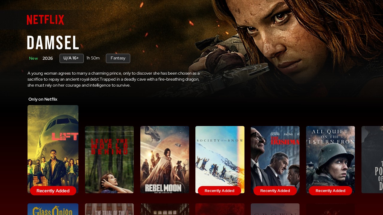 Content discovery slide featuring Damsel movie with horizontal carousel layout
