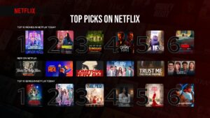 Top 10 content rankings with numbered movie and series thumbnails