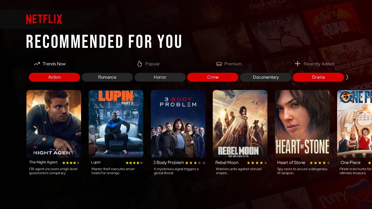 Recommendations interface with genre tabs and personalized content suggestions