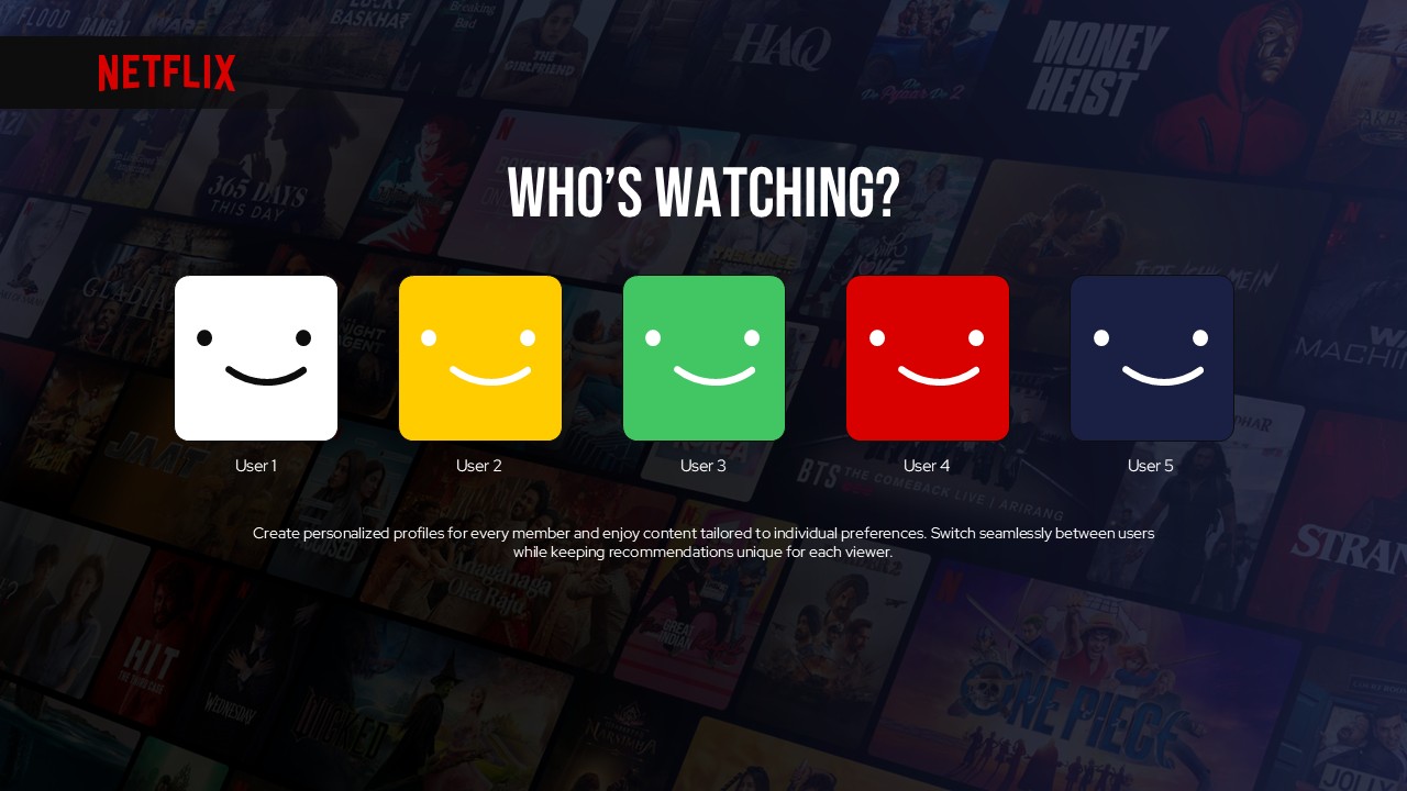 User profile selection screen with colorful avatar icons and who's watching text