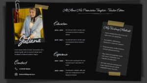 Teacher introduction slide template with dark theme - same layout as light version with black background and yellow accents
