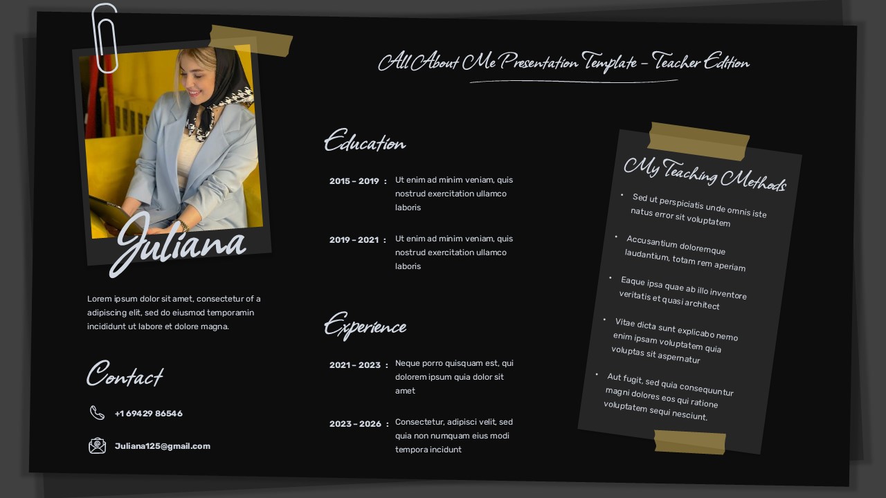 Teacher introduction slide template with dark theme - same layout as light version with black background and yellow accents