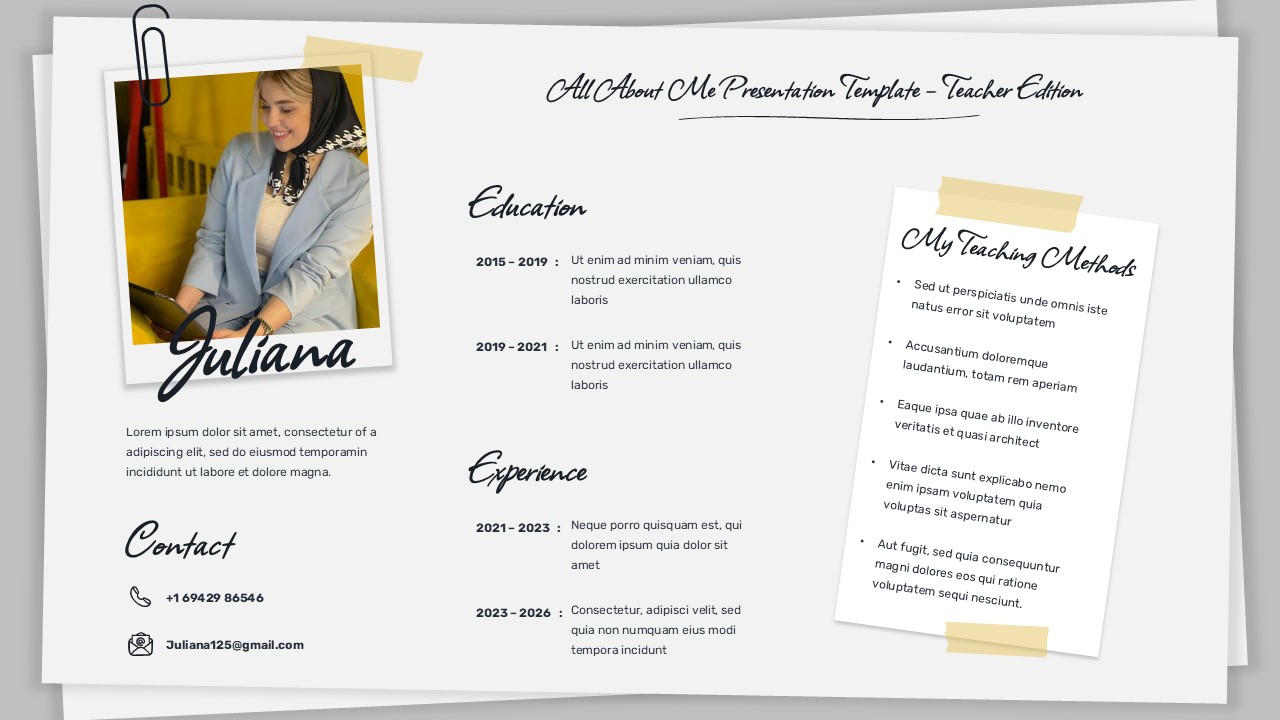 Teacher introduction slide template with light theme - photo placeholder, education timeline, experience section, yellow accents