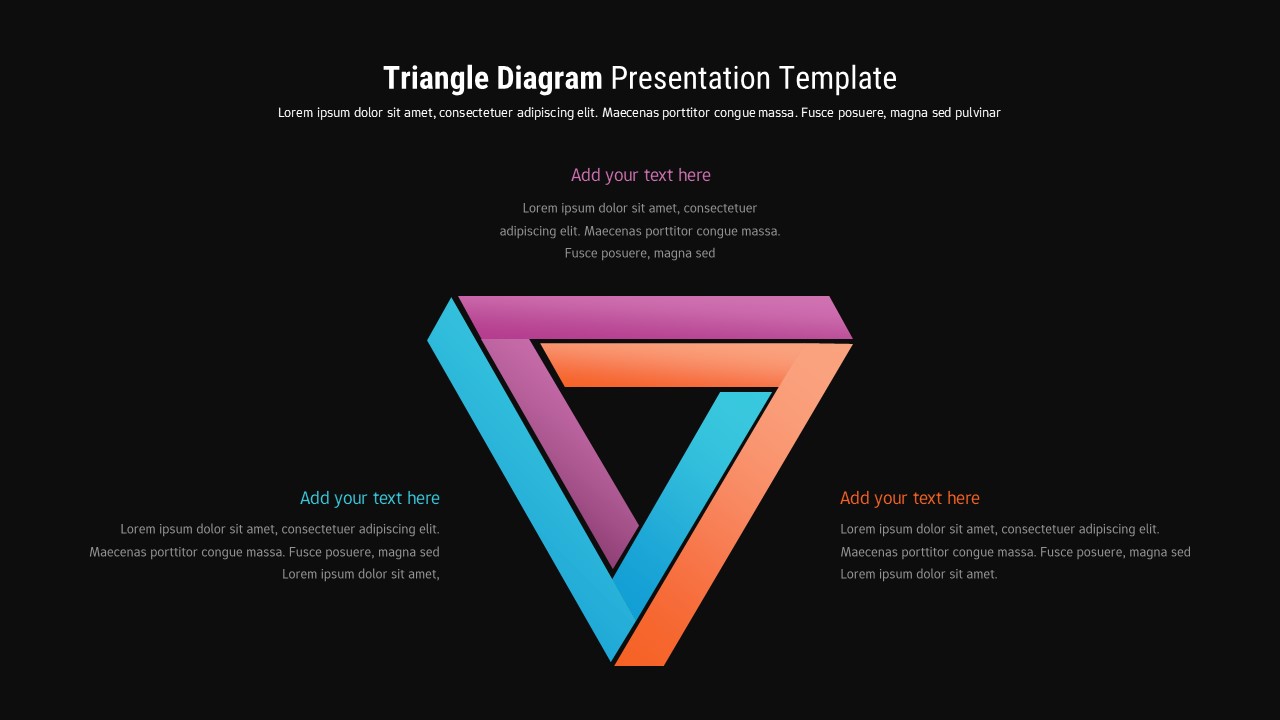 Dark theme triangle diagram template with colorful 3D triangle showing three-part business process on dramatic black background