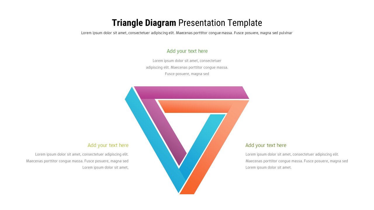 Professional triangle diagram template showing 3 interconnected business elements in vibrant colors on clean white background
