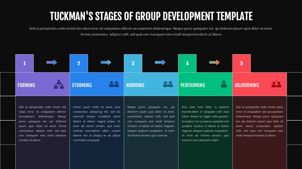Dark theme version of Tuckman's team development stages template for executive presentation in boardroom setting