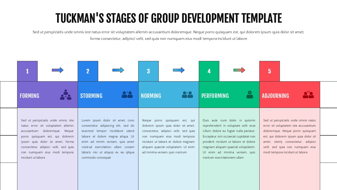 HR trainer presenting Tuckman's 5 stages of team development in colorful process flow for management workshop