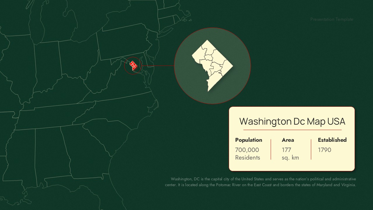 Washington DC map PowerPoint template with US location context, population stats, and district detail on green background