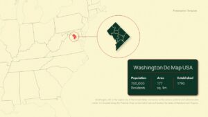 Light-themed Washington DC map presentation template showing US location, demographics, and district boundaries
