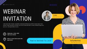 Dark theme webinar invitation template with professional layout, presenter info, and event details for corporate presentations