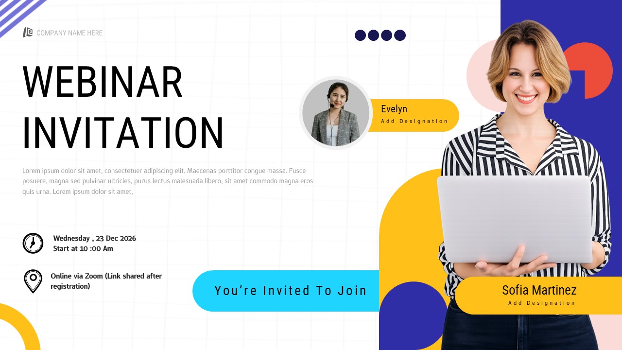 Modern webinar invitation template with colorful design, presenter profiles, and event details for professional online events