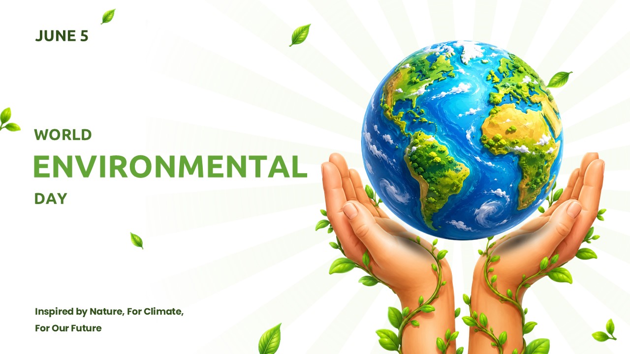 Clean World Environmental Day cover slide with hands protecting Earth, perfect for sustainability presentations