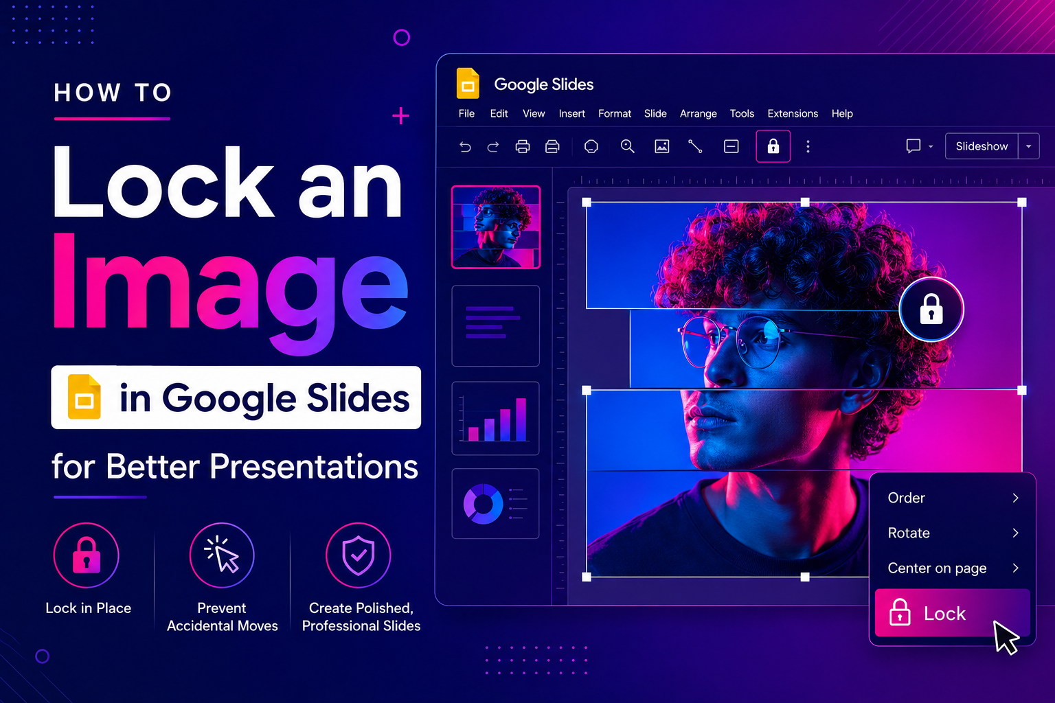 Illustration showing how to lock an image in Google Slides using different methods to prevent accidental movement and create consistent presentation layouts.
