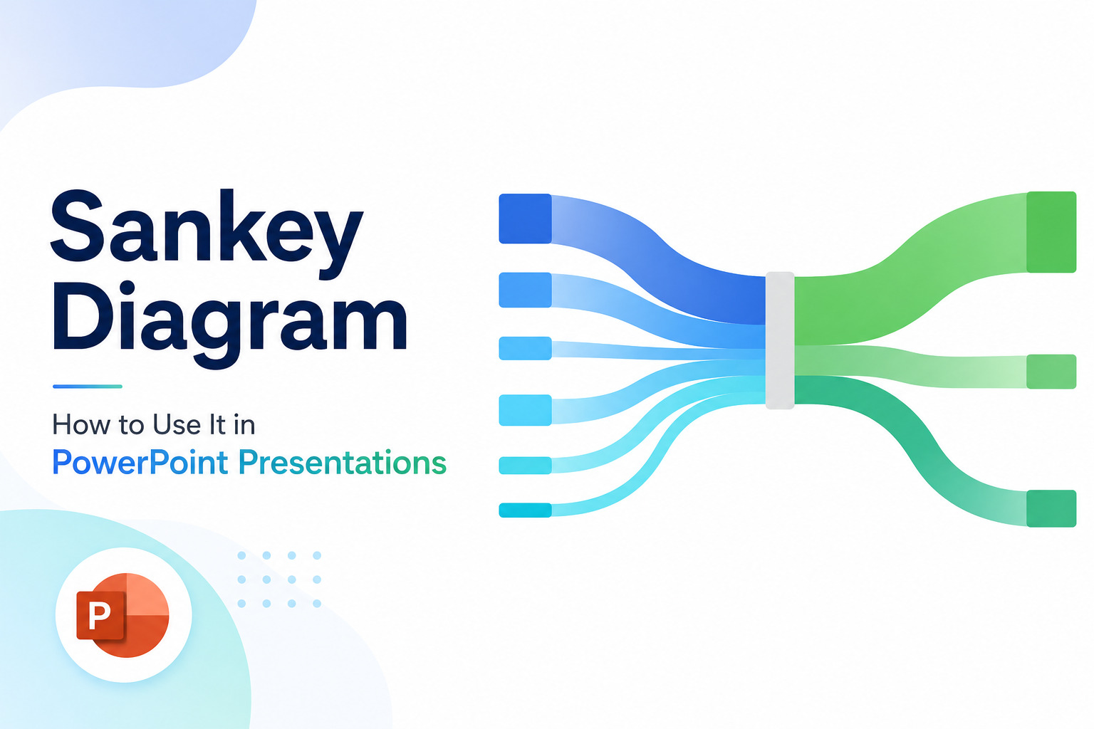 Minimal blog cover illustrating a Sankey diagram with flowing data paths and PowerPoint icon, representing how to create and use Sankey diagrams in PowerPoint presentations.