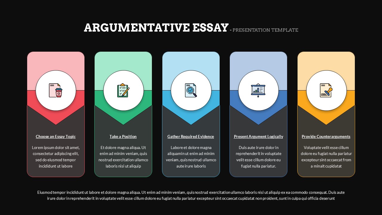 Five-step argumentative essay process flow diagram on dark background with colorful chevron cards and icons
