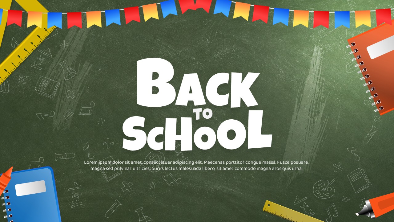 Back to school PowerPoint template with chalkboard background, colorful bunting, and school supply illustrations