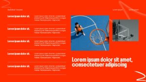 Orange background slide with bullet points on left and basketball action photos on right side