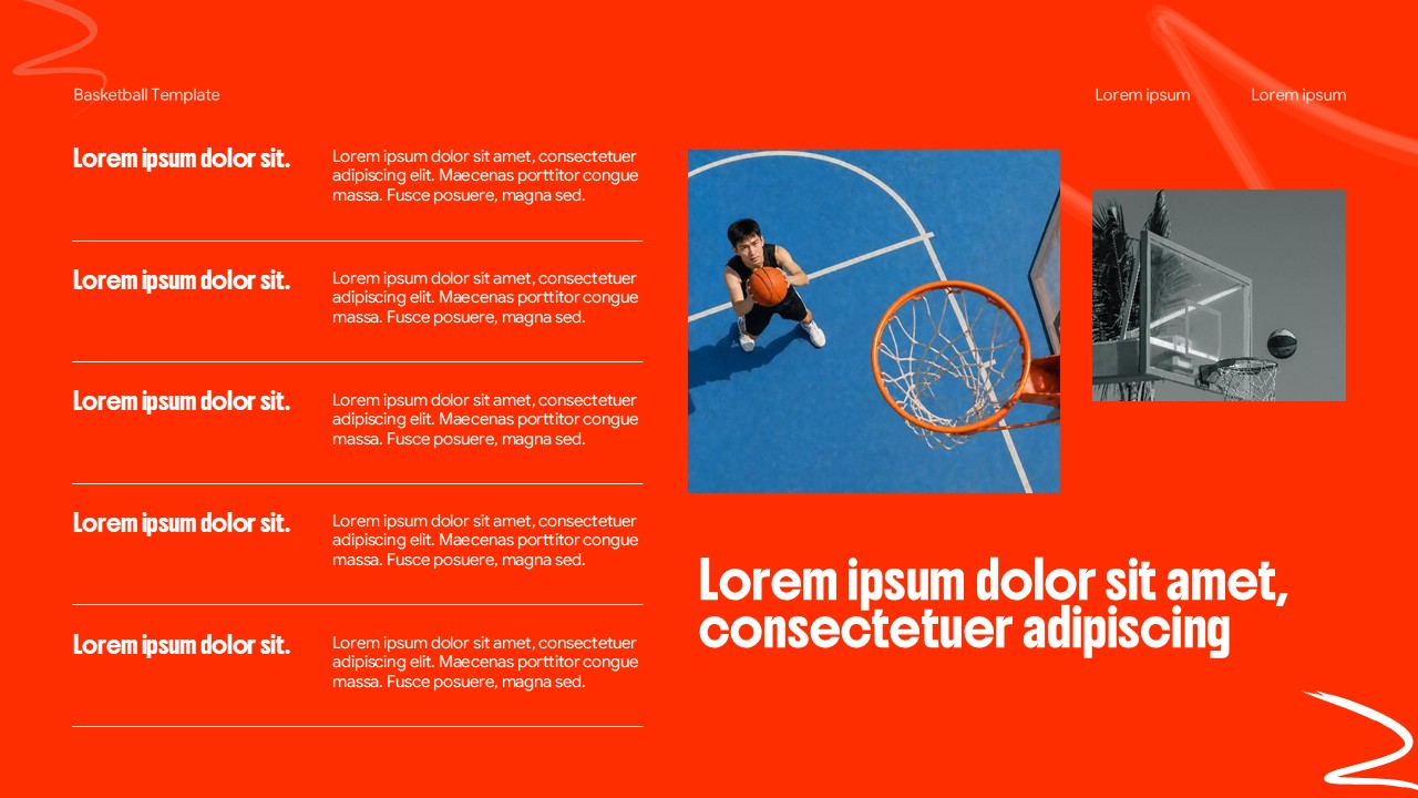 Orange background slide with bullet points on left and basketball action photos on right side