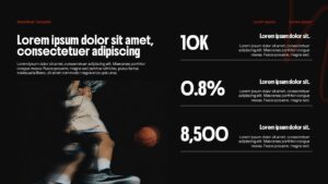 Statistics slide - basketball player image on left with large numerical data displays on black background