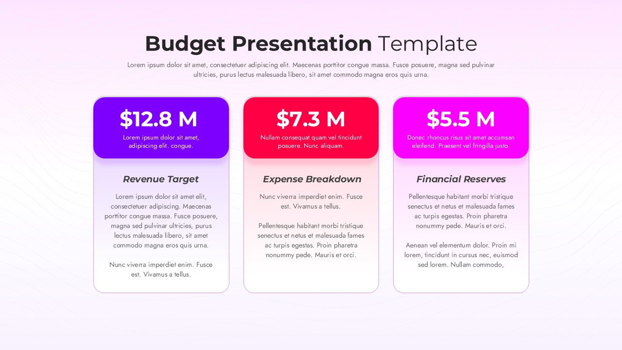 Light theme budget slide with purple, red, and magenta KPI cards for revenue, expenses, and reserves.