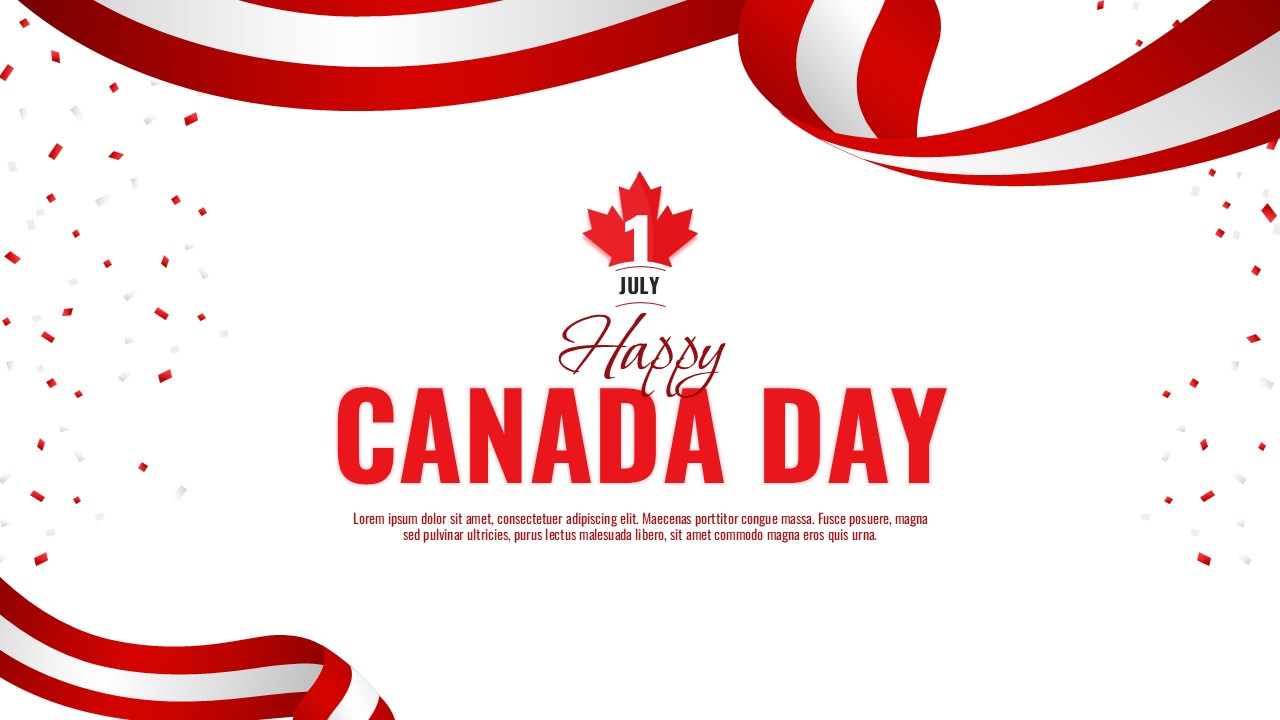 Canada Day slide template with maple leaf, bold title, and red ribbon corners.