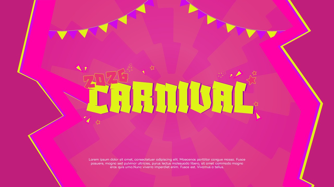 Colorful carnival PowerPoint template with 2025 title, festive bunting, and vibrant pink background for event presentations