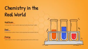 Split layout showing chemistry applications in Healthcare, Food, and Energy with test tube rack illustration